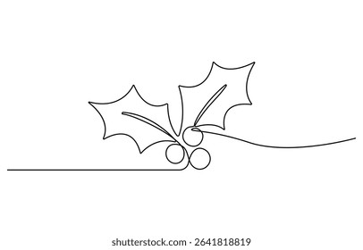 Christmas plant in continuous line drawing style. Line art of holly leaves with berry, Christmas plant for greeting cards, poster, sticker, logo, Vector illustration.