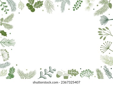 Christmas plant corner. Greenery fir, pine branches border, winter evergreen frame. Decorative background. Holiday vector illustration