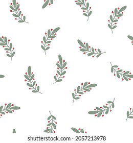 Christmas plant decorative branch with green leaves, berries seamless pattern for home decor, festive holiday ornament, vector illustration for textile, fabric, wrapping paper