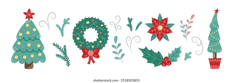 Conjunto de Elementos de Planta de Natal. Elementos desenhados à mão. Para postais, padrões e banners. Natal e Ano Novo. Ilustração em vetor isolado.