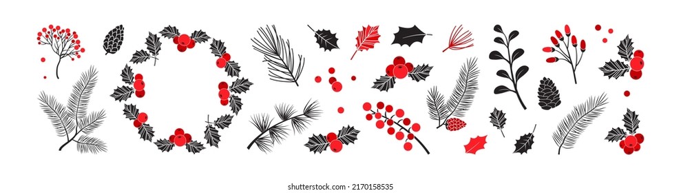 Icono vectorial de elementos de decoración navideña. Berry de fresa, plantas de invierno, abeto y cono de pino, ramas de hojas de hoja perenne aisladas en fondo blanco. Ilustración de Año Nuevo feriado