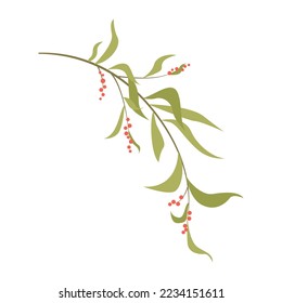 Christmas plant with green leaves and red berries. Decor for Christmas and New Year. Festive vector illustration in flat cartoon style.