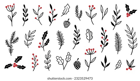 Christmas plant leaf, flower set. Hand drawn doodle sketch holly floral, christmas tree leaves, winter branch elements. Holiday decoration, rustic wreath sketch doodle. Vector illustration.