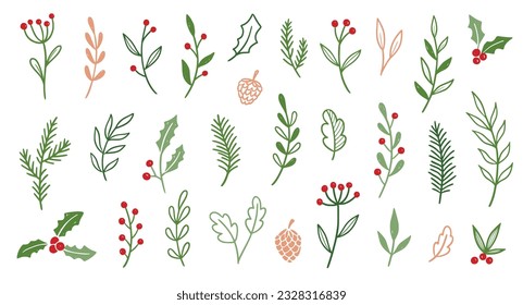 Christmas plant leaf, flower set. Hand drawn doodle sketch holly floral, christmas tree leaves, winter branch elements. Holiday decoration, rustic wreath sketch doodle. Vector illustration.