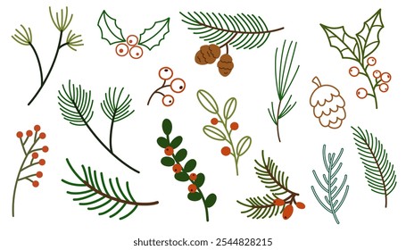 Christmas plant leaf, flower set. Hand drawn doodle sketch holly floral, christmas tree leaves, winter branch elements. Holiday decoration, rustic wreath sketch doodle. Vector illustration.