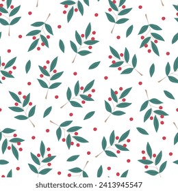 Weihnachtspflanzennahtloses Muster, Zierzweig mit Blättern, rosafarbene Beeren für die Innendekoration, Festtagsarrangements, Vektorgrafik für saisonales Geschenkpapier, Textilien, Feiertagsdesign