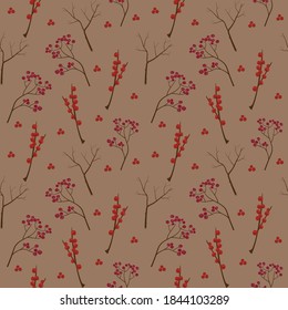Christmas plant seamless pattern. Hand drawn winter festive branches and berries isolated on craft paper background. Endless stylish pattern for wrapping paper, gift card, textile.