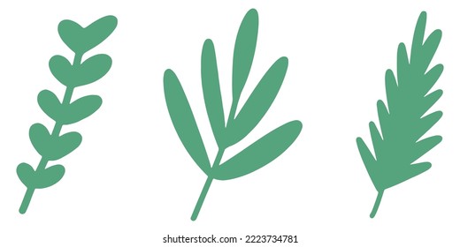 Christmas plant set. Colored branches with leaves. Set of branches. Cute decorative elements. Vector illustration.
