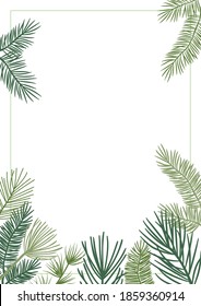 Christmas plant vector border with fir and pine branches, evergreen wreath and corners frames. Nature vintage card, foliage illustration