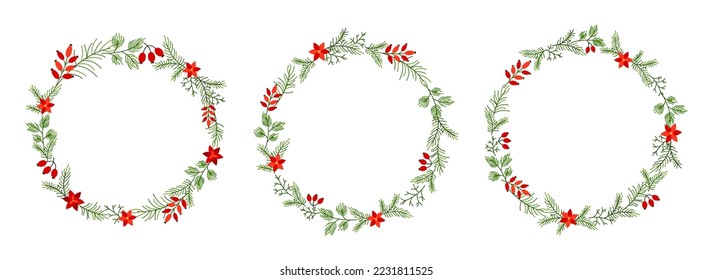 Planta de Navidad correa bayas de abeto lineal conjunto plano. Tarjeta de saludo de Año Nuevo etiqueta de etiqueta de etiqueta adhesivo de círculo de vacaciones minimalismo borde de marco. Paleta tradicional color blanco rojo verde briar poinsettia decoración de rama de abeto