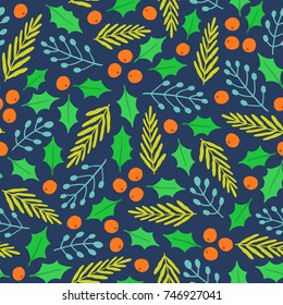 Christmas plants background. Vector hand drawn seamless pattern