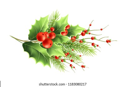 Christmas plants branches realistic vector illustration. Mistletoe with red berries and fir twig. Holly branch with berries. Isolated Xmas greeting card, poster and banner color design element