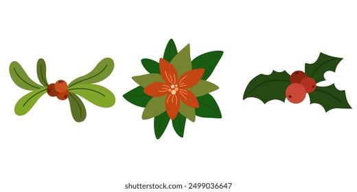 Christmas plants, decor. Red berries, flower, leaf, branch of poinsettia, mistletoe, holly. Xmas floral blooms, leaves. Natural decoration. Flat vector illustrations isolated on white background