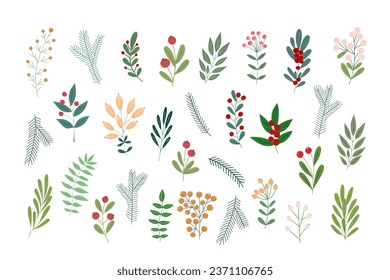 Christmas plants, decorative branches with leaves, light red, yellow berries for home decor, festive holiday arrangement, vector illustration for seasonal greeting card, invitation, banner