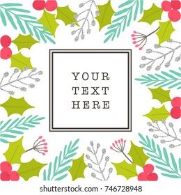 Christmas plants frame. Vector hand drawn illustration with glitter elements
