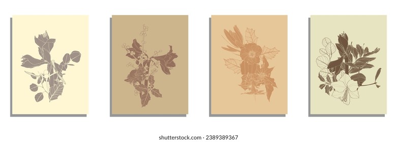 Christmas plants, holly berry, christmas tree, leaves branches, holiday decoration, winter symbols bouquet isolated on white background. Vintage nature illustration. Wall art template