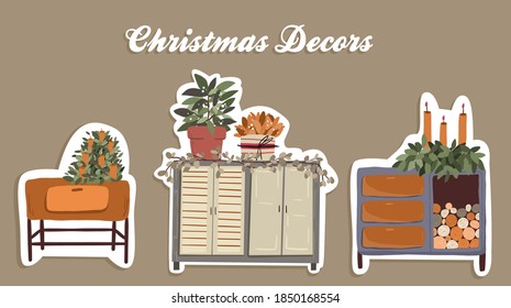 Christmas plants interior decor elements set sticker for bullet journal swirls design
