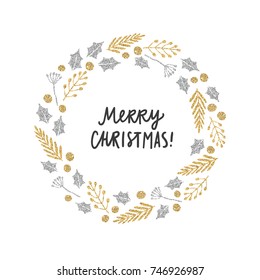 Christmas plants laurel greeting card. Silver and gold glitter illustration. Vector hand drawn objects