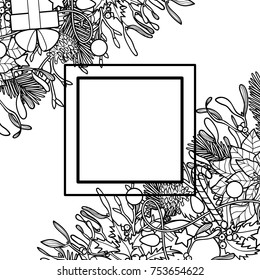 Christmas plants with objects angular composition. Nature corner square new year black and white set for greeting cards, mock ups, coloring page and covers with text place.