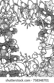 Christmas plants with objects frame. Nature new year black and white A4 composition for greeting cards, mock ups, coloring page and covers with text place.