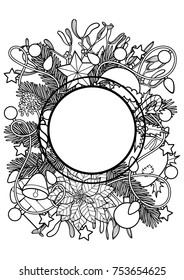Christmas plants with objects round frame. Nature new year black and white A4 composition for greeting cards, mock ups, coloring page and covers with text place.