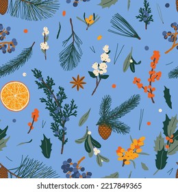 Weihnachtspflanzen: Orange, Misteloe, Kiefer, Fichtenholz, Mahonie, Heilige, Meerbuckthorne, Anis, Ilex-Rot, Juniper, Fichtennadeln, Koniferkonus, Snowberry. Nahtloses Muster auf Blau.