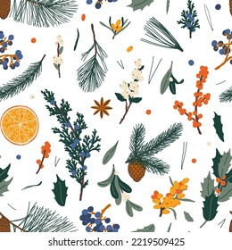 Christmas plants: orange, mistletoe, pine, spruce, mahonia, holly, sea buckthorns, anise, ilex red, juniper, spruce needles, conifer cone, snowberry. Seamless pattern.