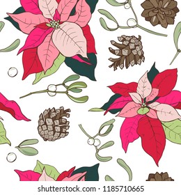 Christmas plants, poinsettia and mistletoe, seamless vector illustration