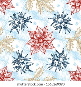 Christmas plants seamless pattern. Branch of holly, spruce, pine, boxwood, cones. Design elements isolated on white background. Christmas, xmas botanical sketch. 