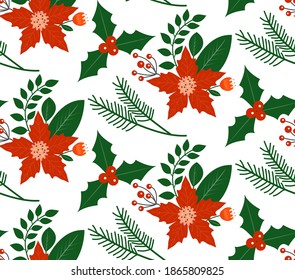 Las plantas navideñas son un patrón sin fisuras. Feliz Navidad repitiendo texturas de flores de invierno. Maravilloso fondo de vacaciones. Ilustración de Vecto