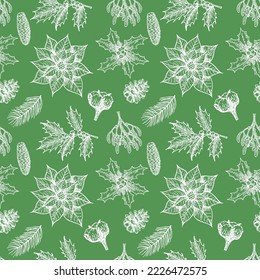 Christmas plants Seamless Pattern. Poinsettia flowers, floral branches, berries, mistletoe, Christmas florals, cones. For wrapping paper, fabric, stationary products decoration. New Year Pattern