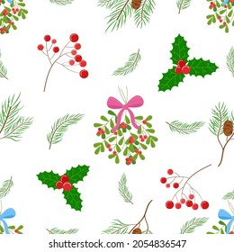 Patrón vectorial de las plantas de Navidad. Decoración florida de fondo blanco. El fondo de las vacaciones sin mar con mistletoe, rama de abeto, holly, ramita con bayas.