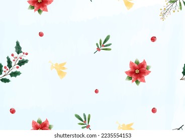 Christmas plants in watercolors style with dot pattern on blue background. Christmas holiday gift wrapping paper in watercolors and seamless style.