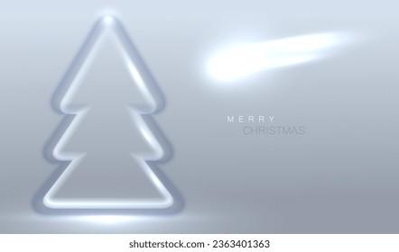 Christmas plastic tree in neon digital electronic concept. Futuristic holiday card with comet vector background.