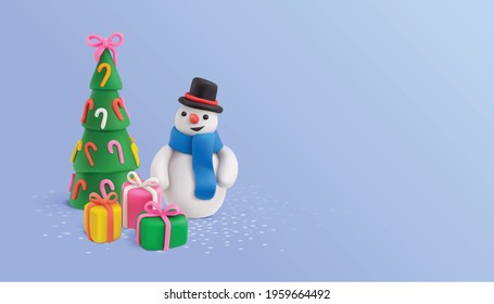 Christmas plasticine realistic composition with figures of decorated new year tree snowman character and gift boxes vector illustration