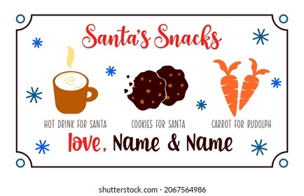 Christmas plate design Santas snacks with place for milk, cookies, carrot for raindeer. Vector tray template. Home decoration.