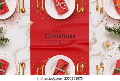 Christmas plate setting with golden cutlery on marble background. New Year Festive design with holiday xmas decorative. Table place setting template with realistic 3d objects. Vector illustration