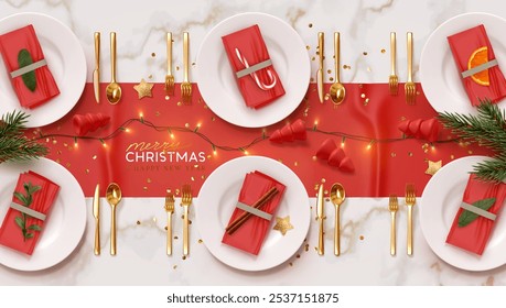 Christmas plate setting with golden cutlery on marble background. New Year Festive design with holiday xmas decorative. Table place setting template with realistic 3d objects. Vector illustration