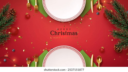 Christmas plate setting with golden cutlery on red background. New Year Festive design with holiday xmas decorative. Table place setting template with realistic 3d objects. Vector illustration