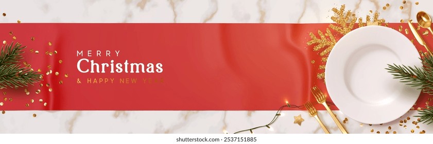 Christmas plate setting with golden cutlery on marble background. New Year Festive design with holiday xmas decorative. Table place setting banner with realistic 3d objects. Vector illustration