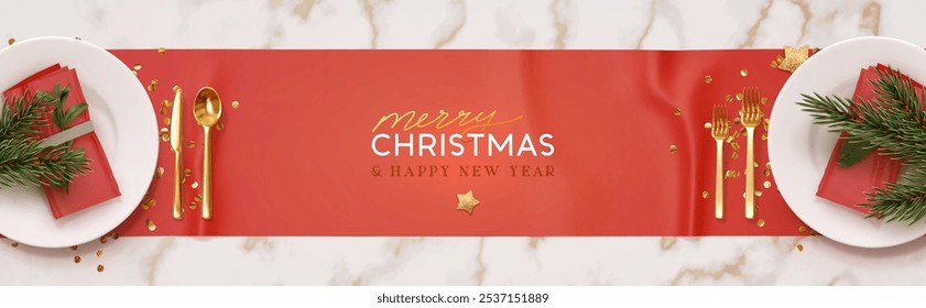 Christmas plate setting with golden cutlery on marble background. New Year Festive design with holiday xmas decorative. Table place setting banner with realistic 3d objects. Vector illustration