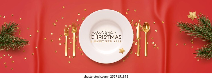 Christmas plate setting with golden cutlery on red background. New Year Festive design with holiday xmas decorative. Table place setting background with realistic 3d objects. Vector illustration