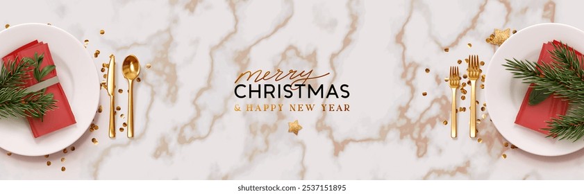 Christmas plate setting with golden cutlery on marble background. New Year Festive design with holiday xmas decorative. Table place setting banner with realistic 3d objects. Vector illustration