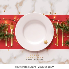 Christmas plate setting with golden cutlery on red background. New Year Festive design with holiday xmas decorative. Table place setting poster with realistic 3d objects. Vector illustration