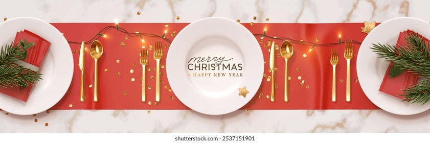 Christmas plate setting with golden cutlery on marble background. New Year Festive design with holiday xmas decorative. Table place setting banner with realistic 3d objects. Vector illustration