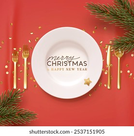 Christmas plate setting with golden cutlery on red fabric background. New Year Festive design with holiday xmas decorative. Table place setting poster with realistic 3d object. Vector illustration