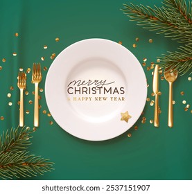 Christmas plate setting with golden cutlery on green silk background. New Year Festive design with holiday xmas decorative. Table place setting banner with realistic 3d object. Vector illustration