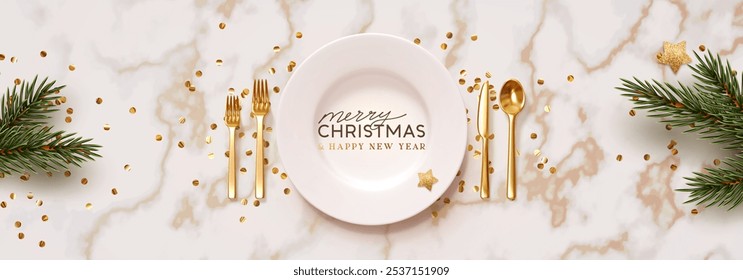 Christmas plate setting with golden cutlery on marble background. New Year Festive design with holiday xmas decorative. Table place setting background with realistic 3d objects. Vector illustration