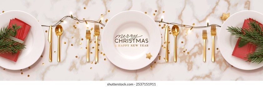 Christmas plate setting with golden cutlery on marble background. New Year Festive design with holiday xmas decorative. Table place setting template with realistic 3d objects. Vector illustration