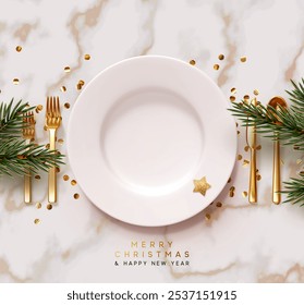 Christmas plate setting with golden cutlery on marble background. New Year Festive design with holiday xmas decorative. Table place setting background with realistic 3d objects. Vector illustration